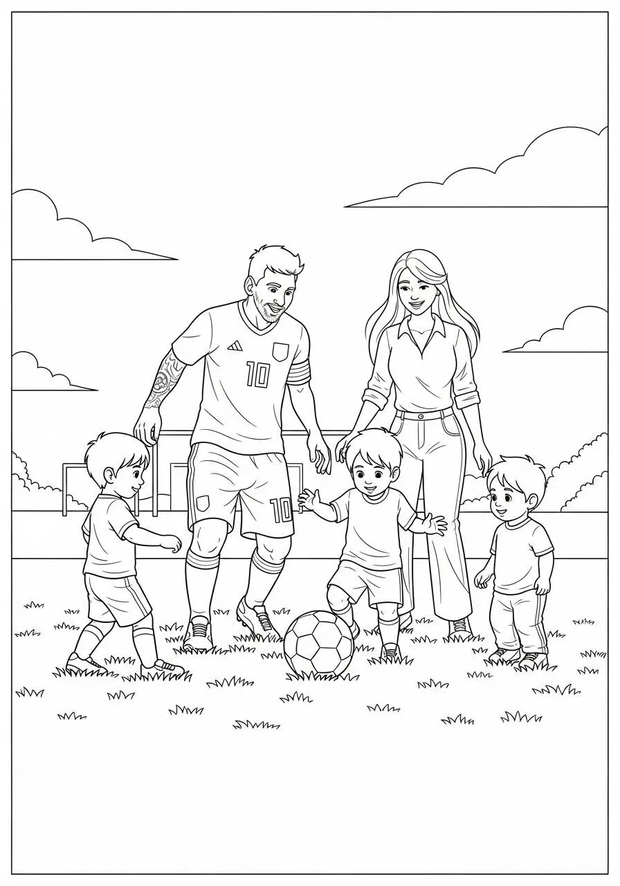 Malvorlage Messi spielt mit Kindern