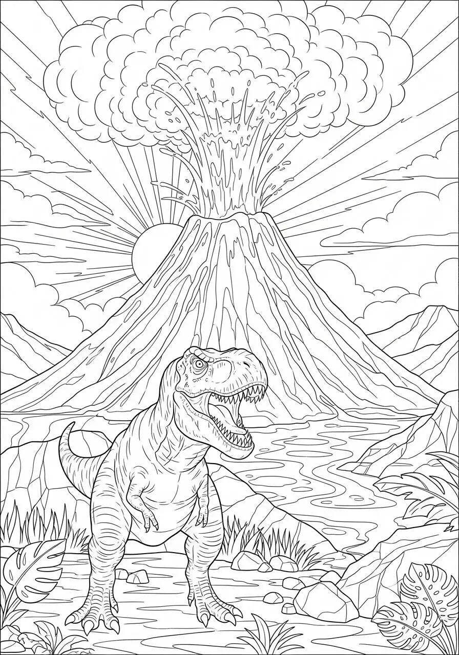 Desenho de T Rex Rugindo com Vulcão em Erupção para Colorir