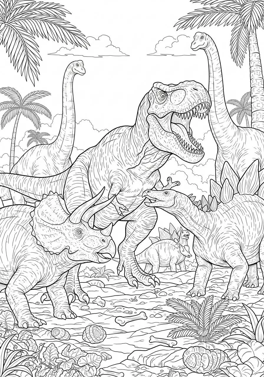 Desenho de T Rex com Dinossauros Amigáveis para Colorir