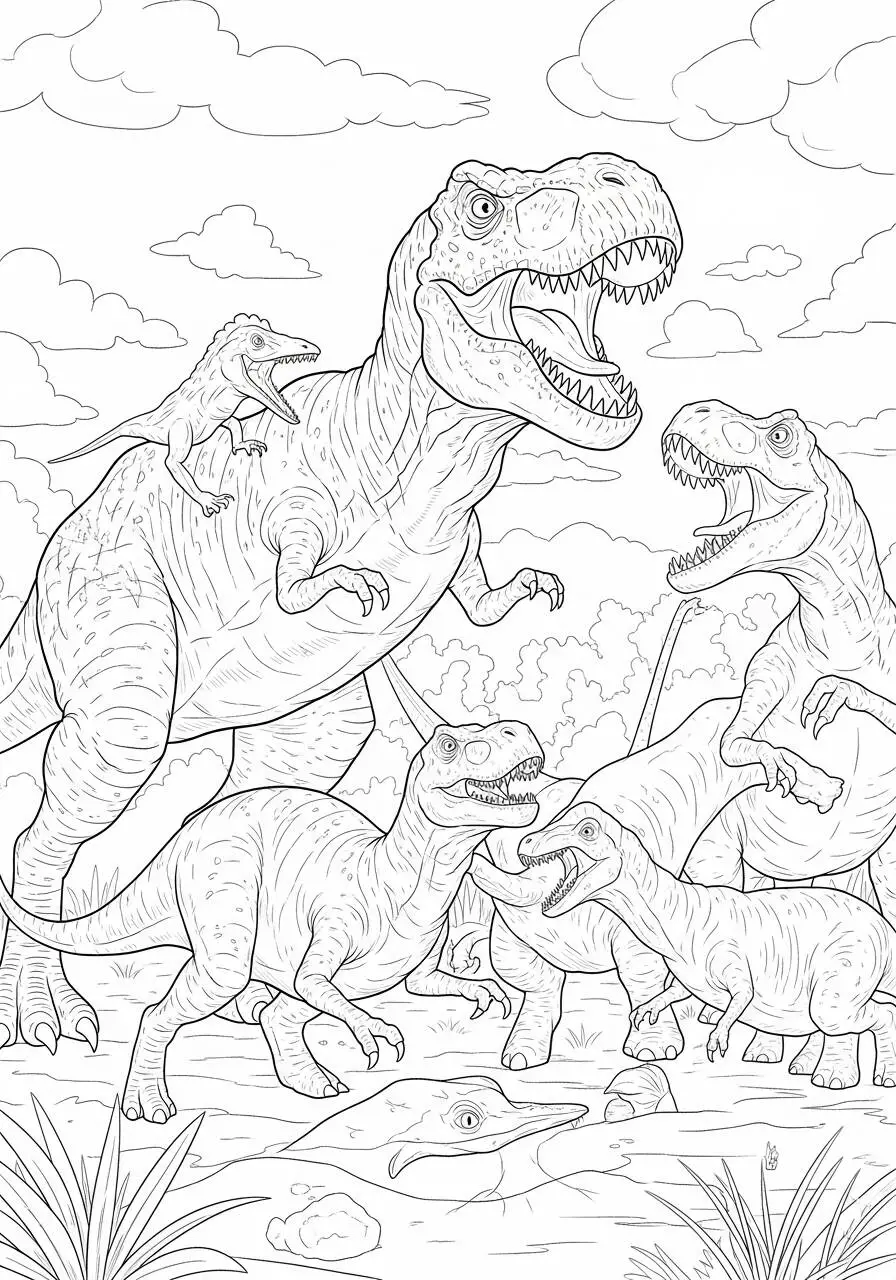 Desenho de T Rex em Família para Colorir