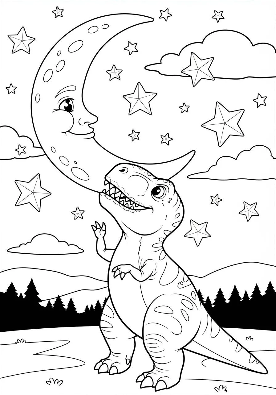 Desenho de T Rex Apreciando a Lua e Estrelas para Colorir
