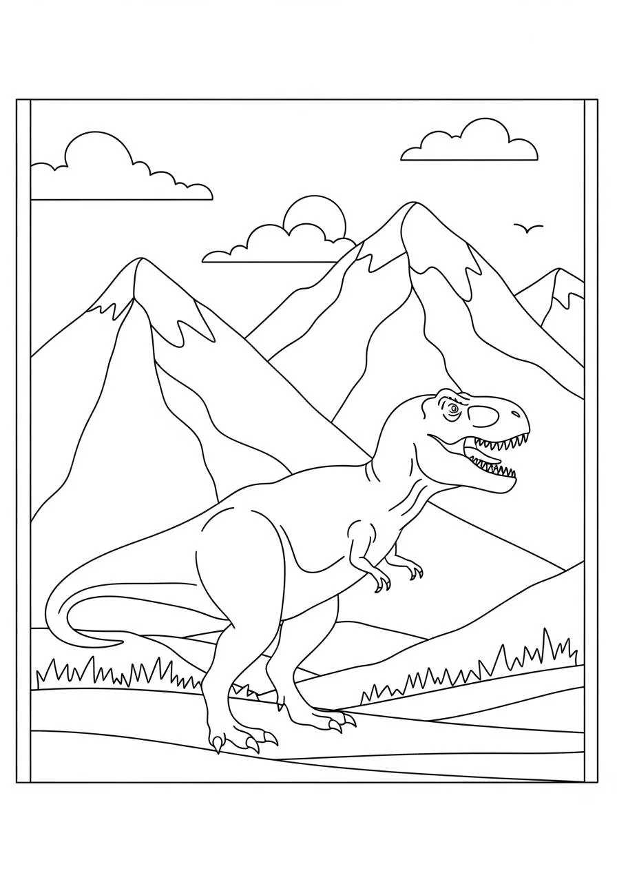 Desenho de T Rex em um Cenário Montanhoso para Colorir