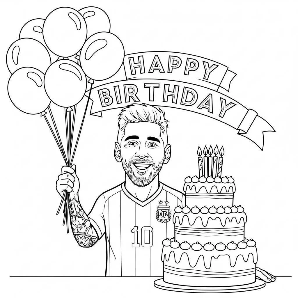 Desenho de Messi Celebrando Aniversário para Colorir