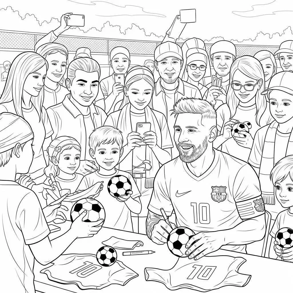 Desenho de Messi com Crianças e Bola para Colorir