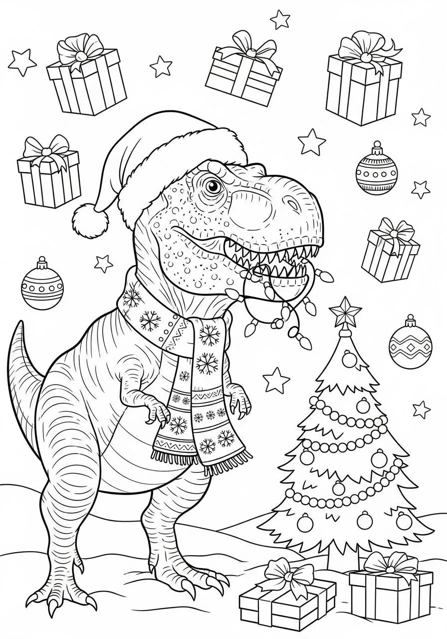 Desenho de T Rex Natalino para Colorir