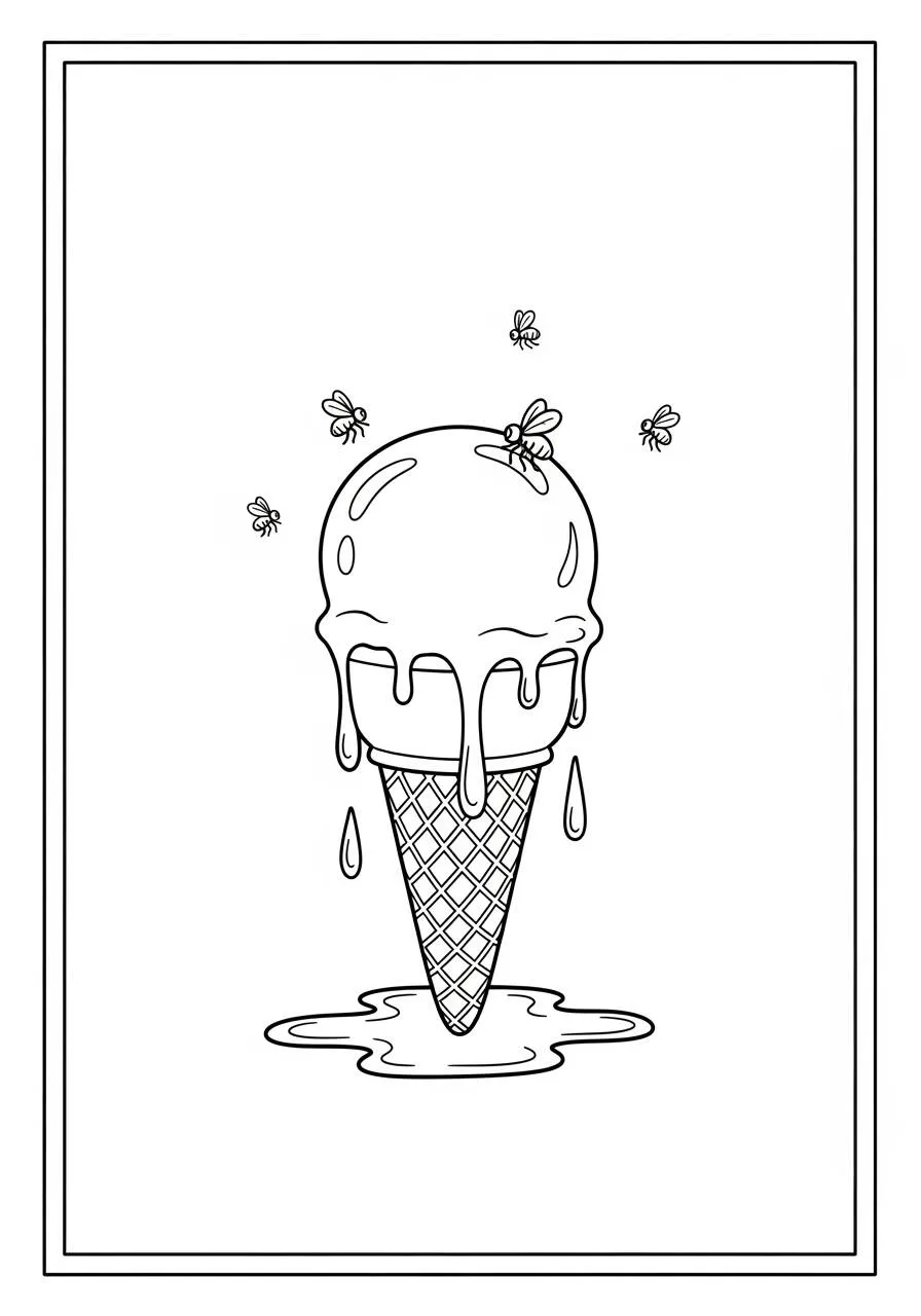 Dibujo de helado derritiéndose con abejas para colorear