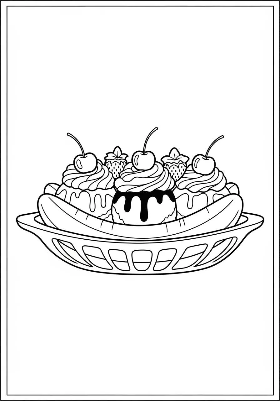 Dibujo de Banana Split con Helado y Cerezas para colorear