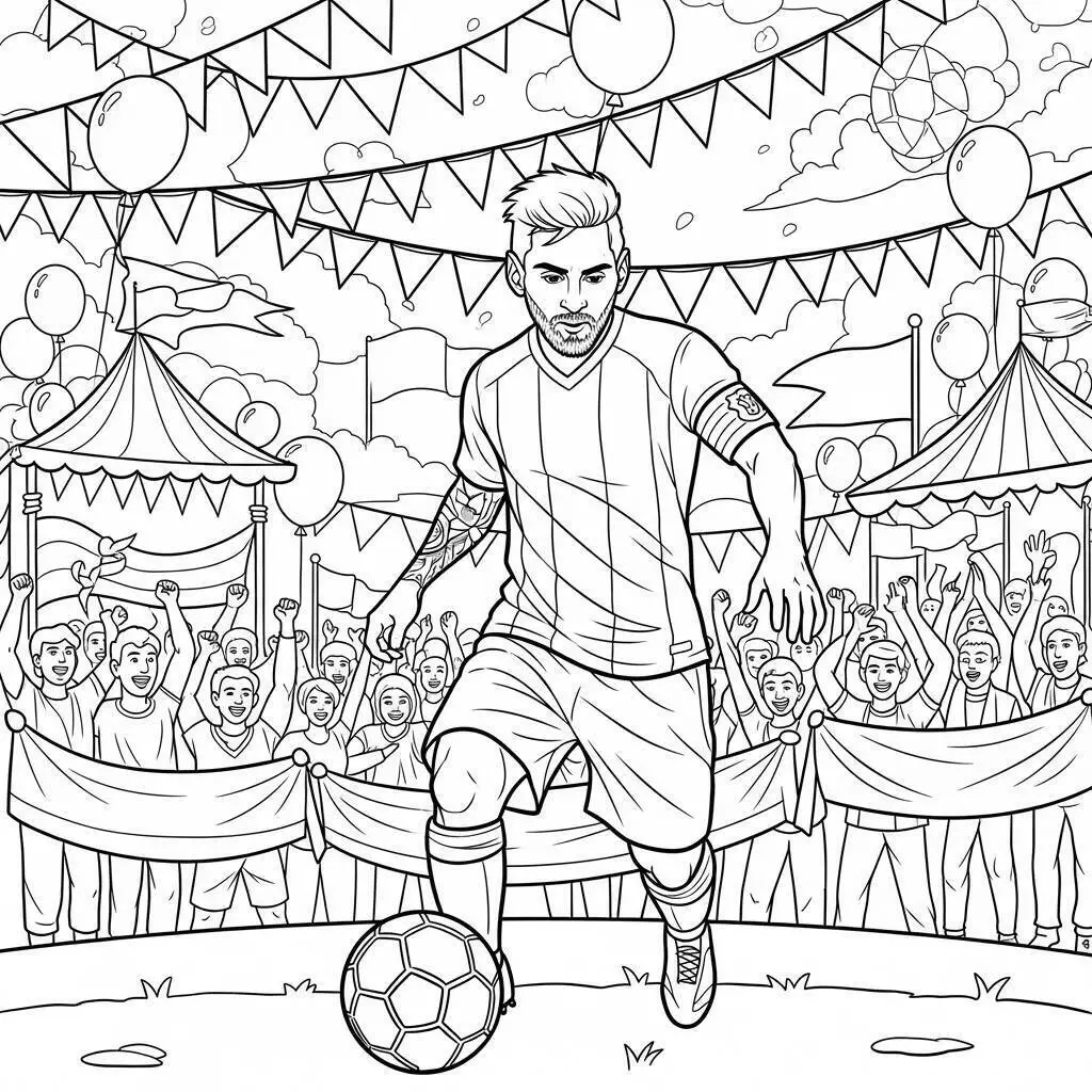 Desenho de Messi em Campo com a Torcida para Colorir