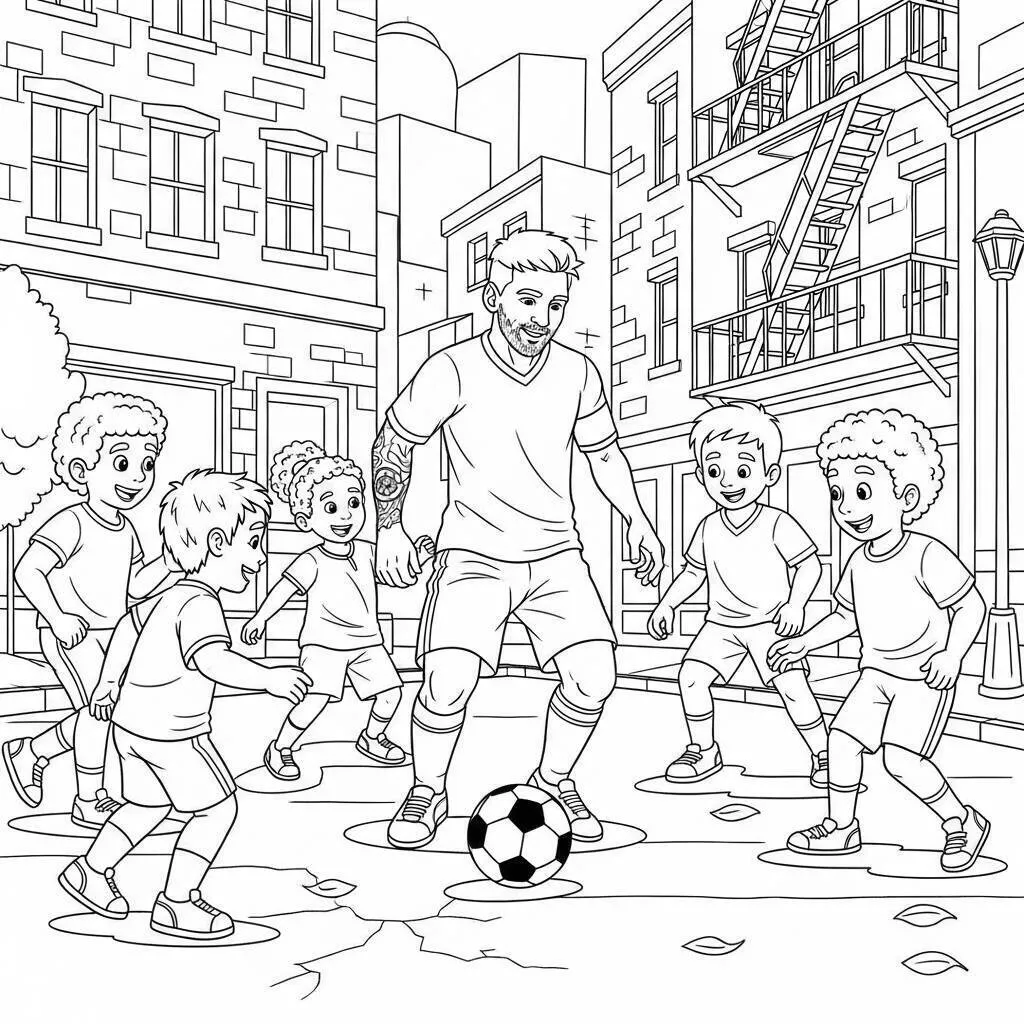 Desenho de Messi Jogando Futebol com Crianças para Colorir