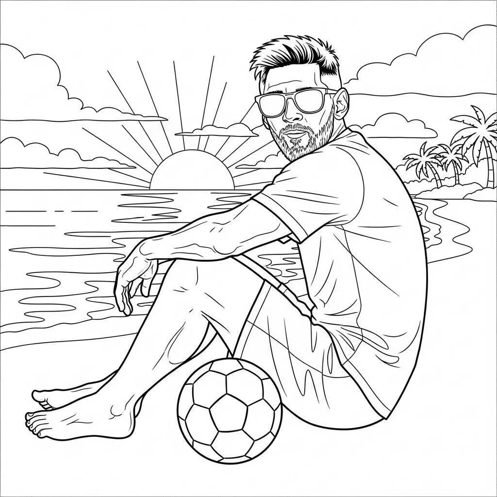 Desenho de Messi na Praia com a Bola para Colorir
