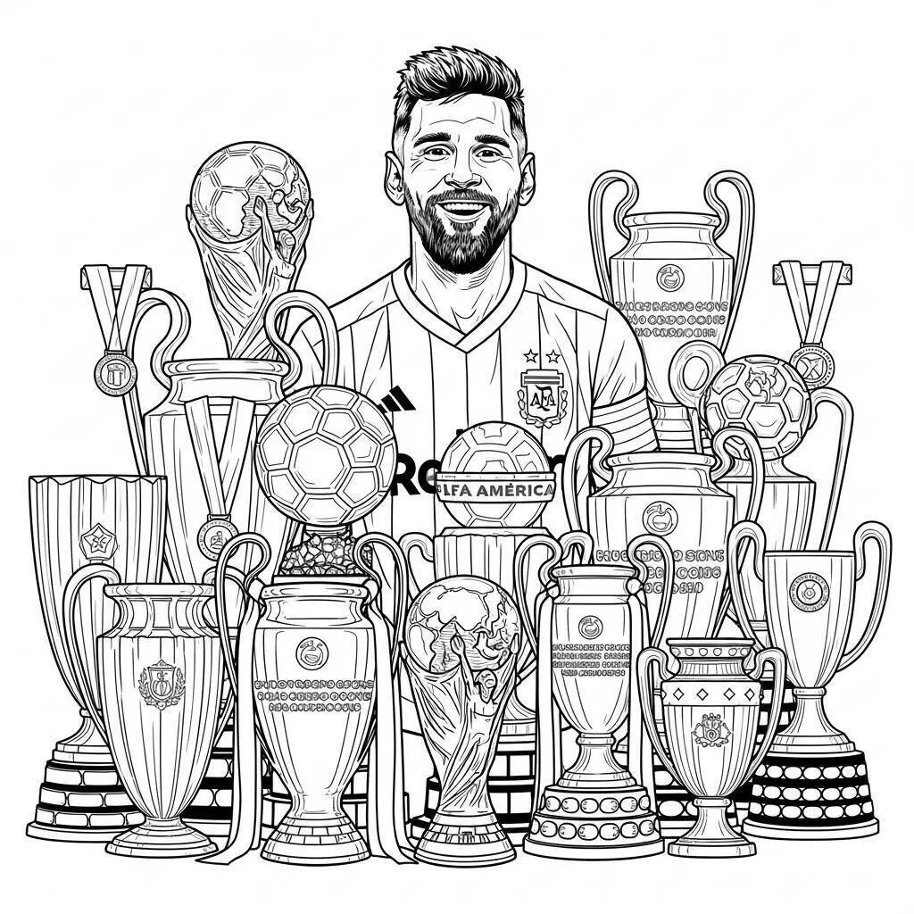 Desenho de Messi com Seus Troféus para Colorir