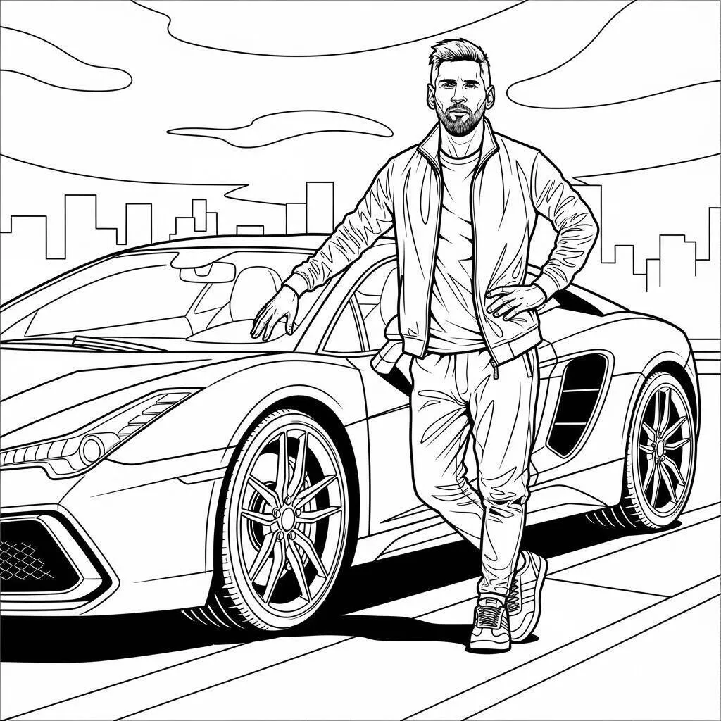 Desenho de Messi com Carro Esportivo para Colorir