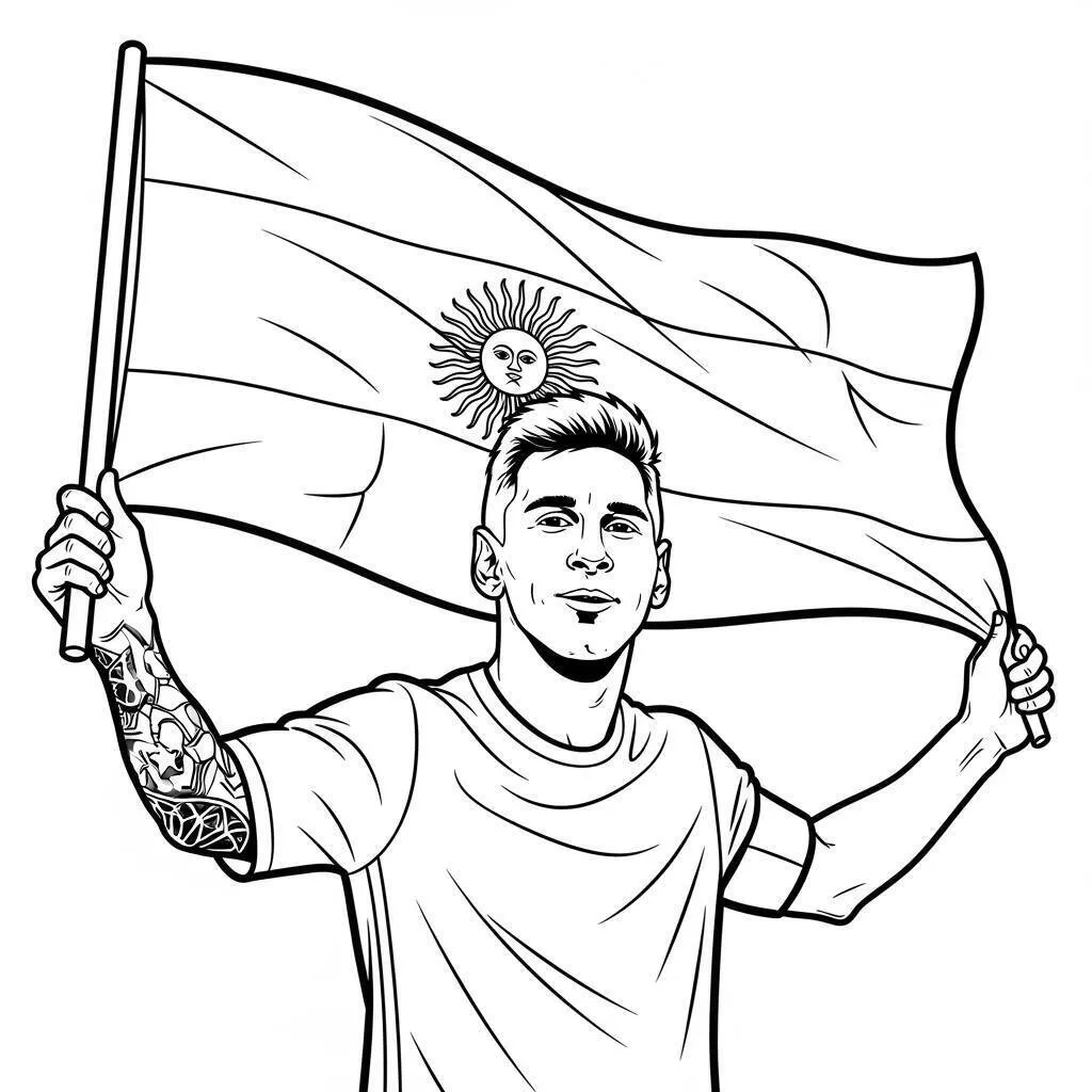 Desenho de Messi Segurando a Bandeira da Argentina para Colorir