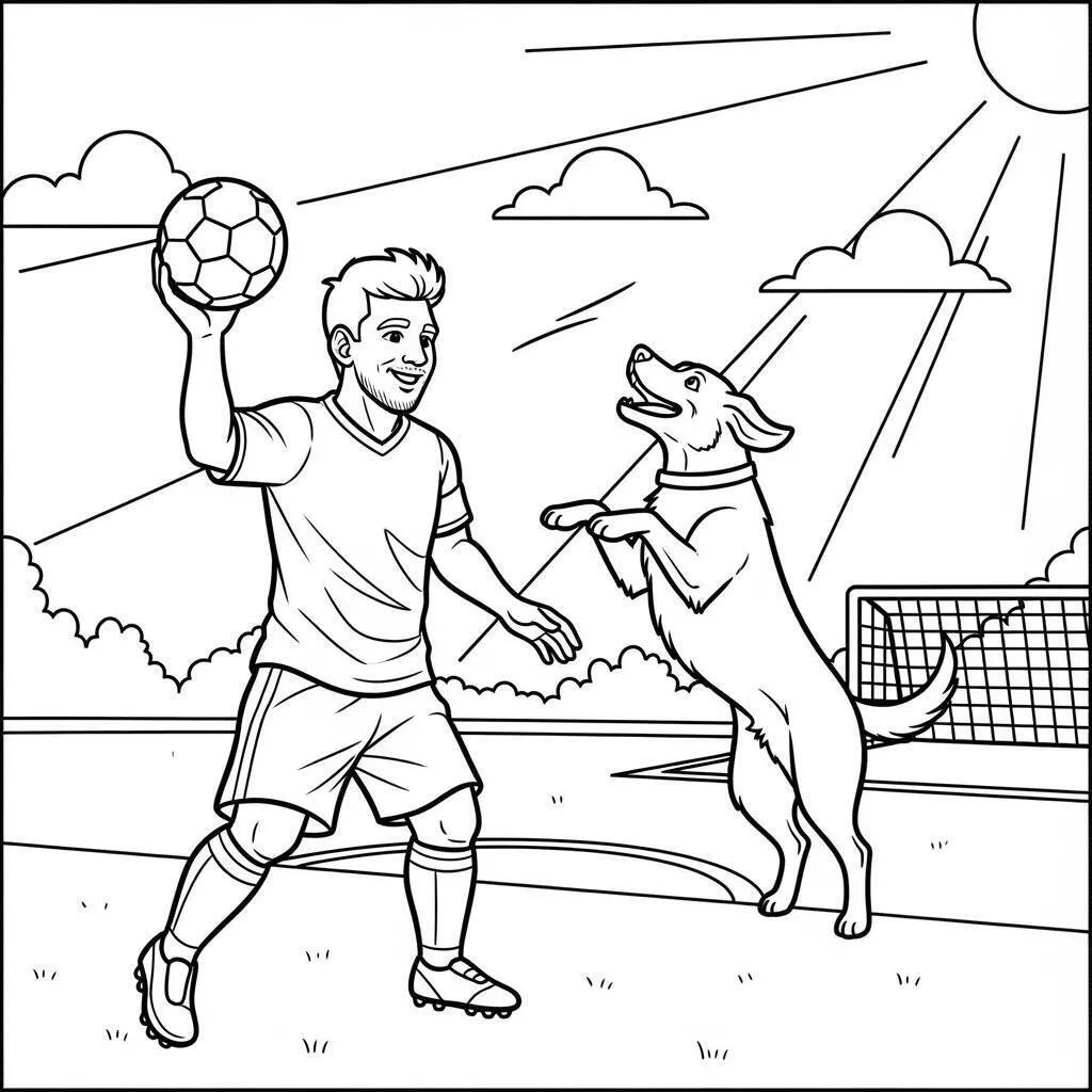 Desenho de Messi Brincando com um Cachorro para Colorir