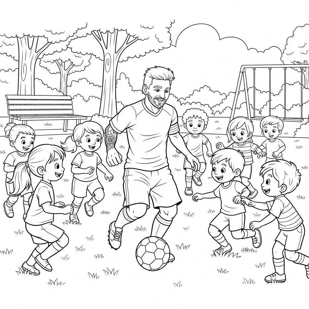 Desenho de Messi Jogando Futebol com Crianças para Colorir