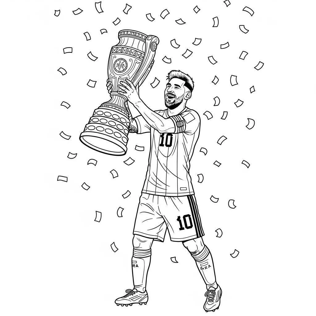 Desenho de Messi Celebrando com a Taça para Colorir