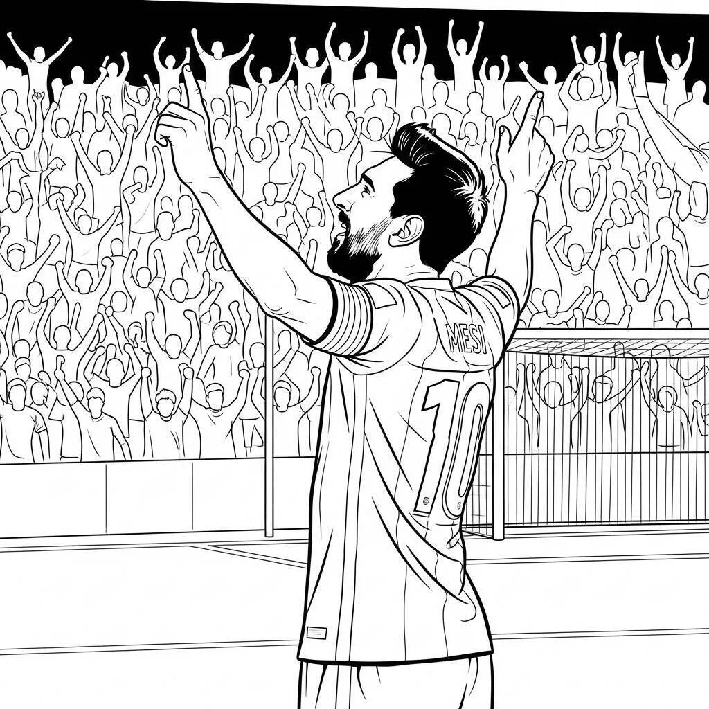 Desenho de Messi Celebrando com a Torcida para Colorir