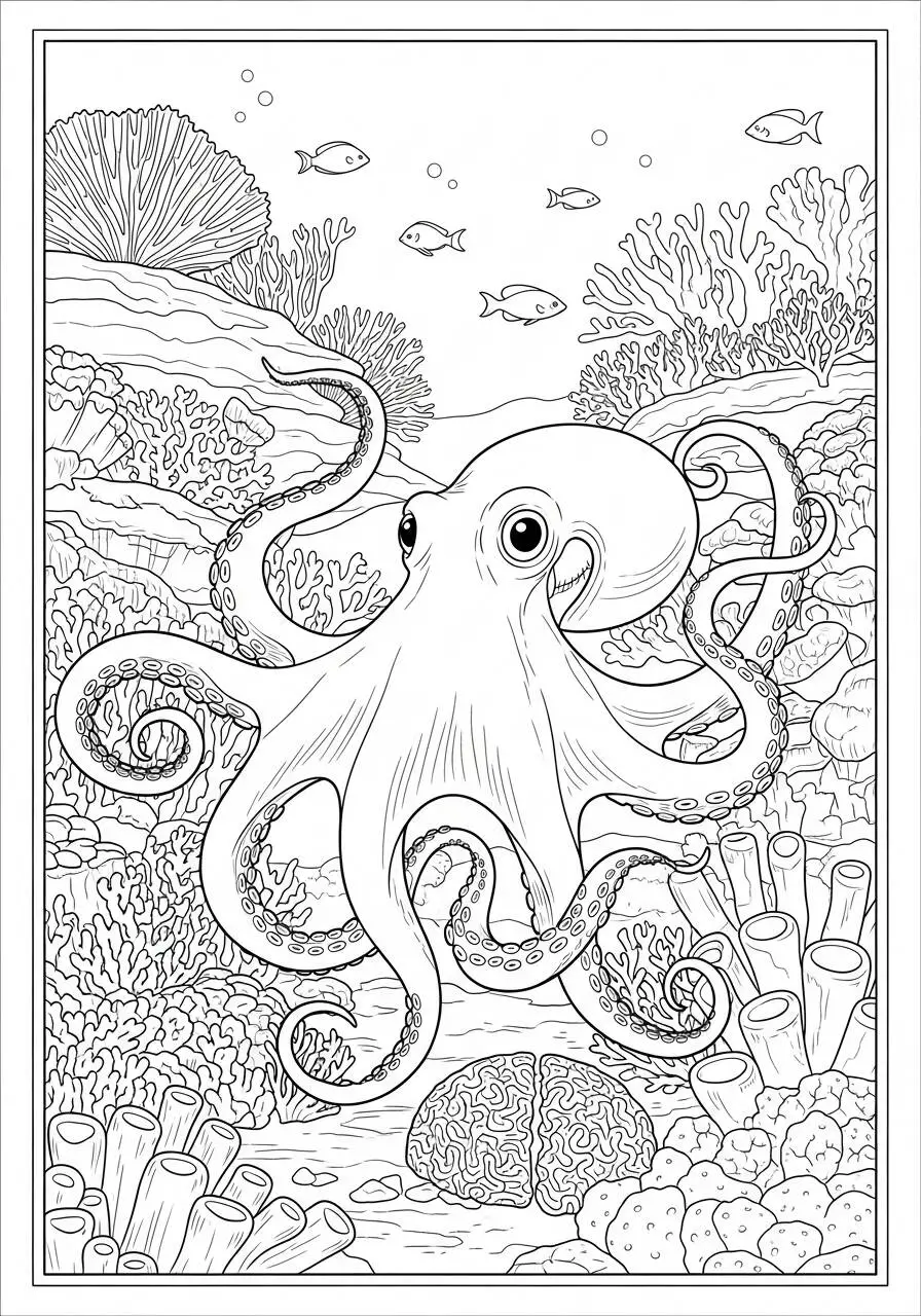 Desenho de Polvo Explorando o Fundo do Mar para Colorir