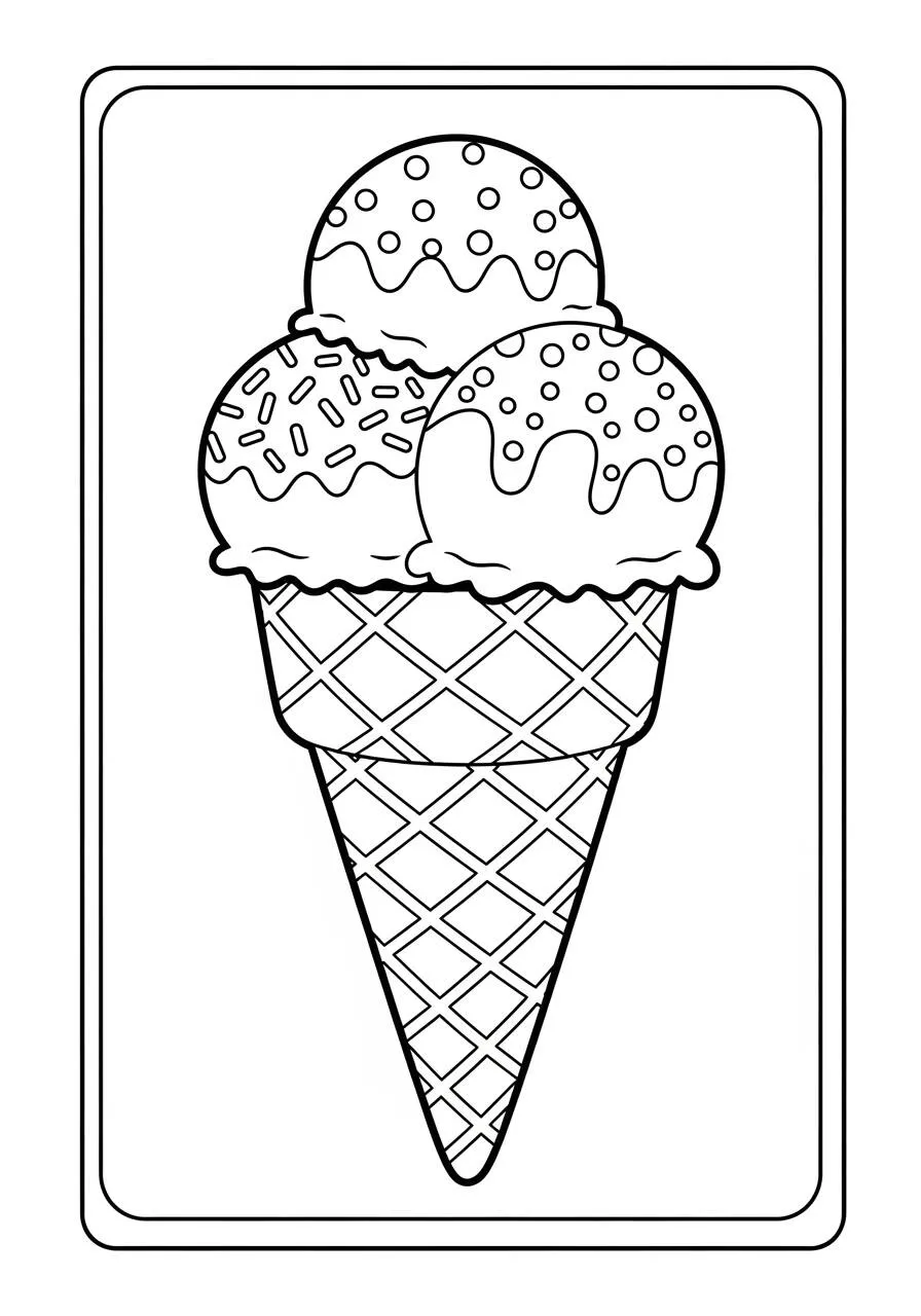 Dibujo de helado con tres bolas y cono para colorear