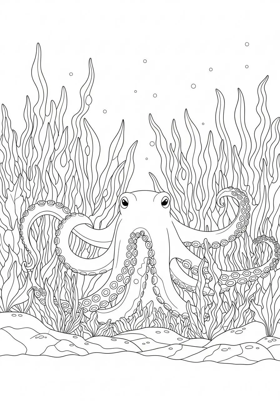 Desenho de Polvo entre Algas para Colorir