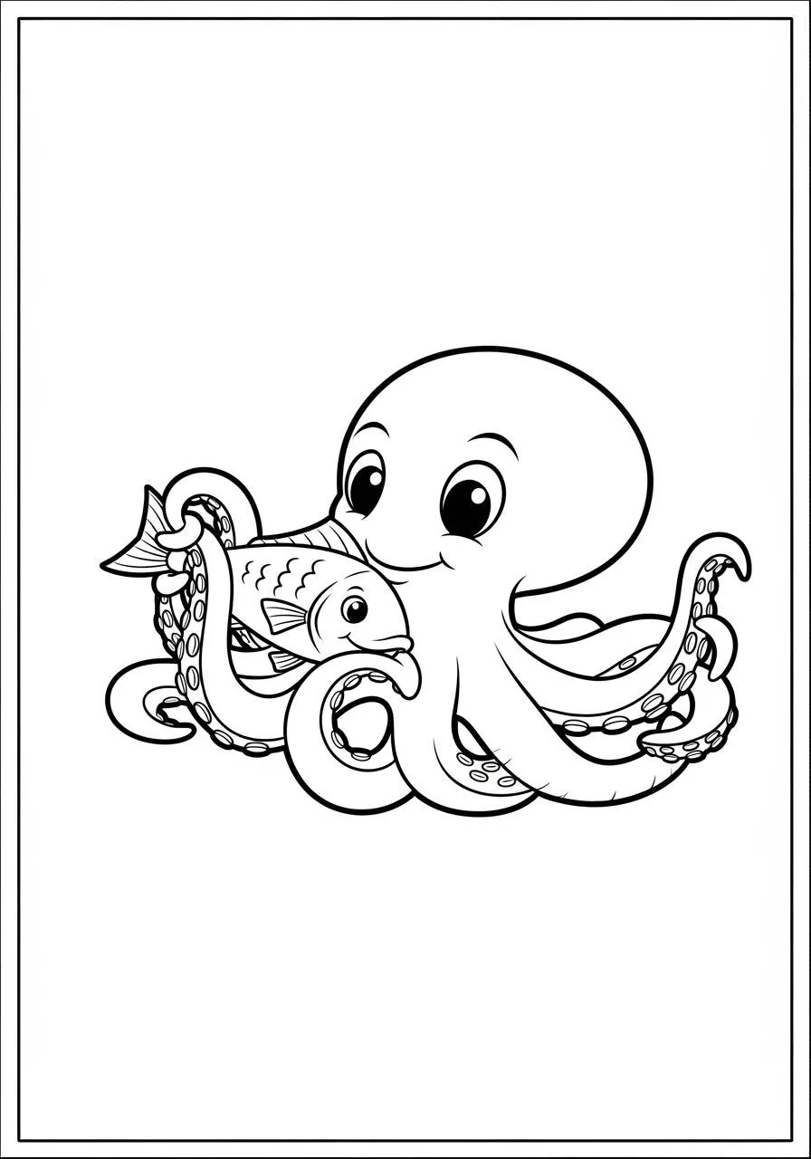 Desenho de Polvo Brincando com Peixe para Colorir