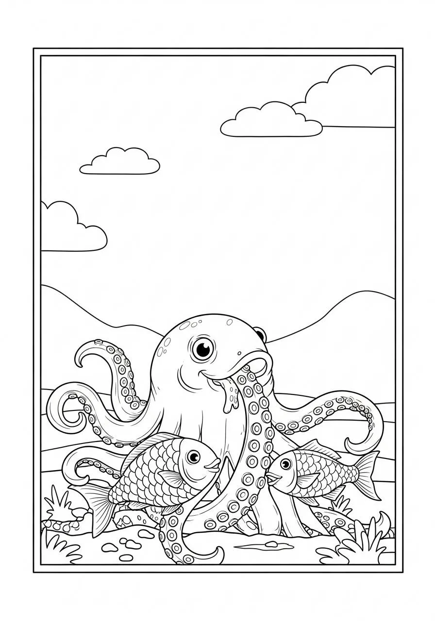 Desenho de Polvo Brincando com Peixes para Colorir