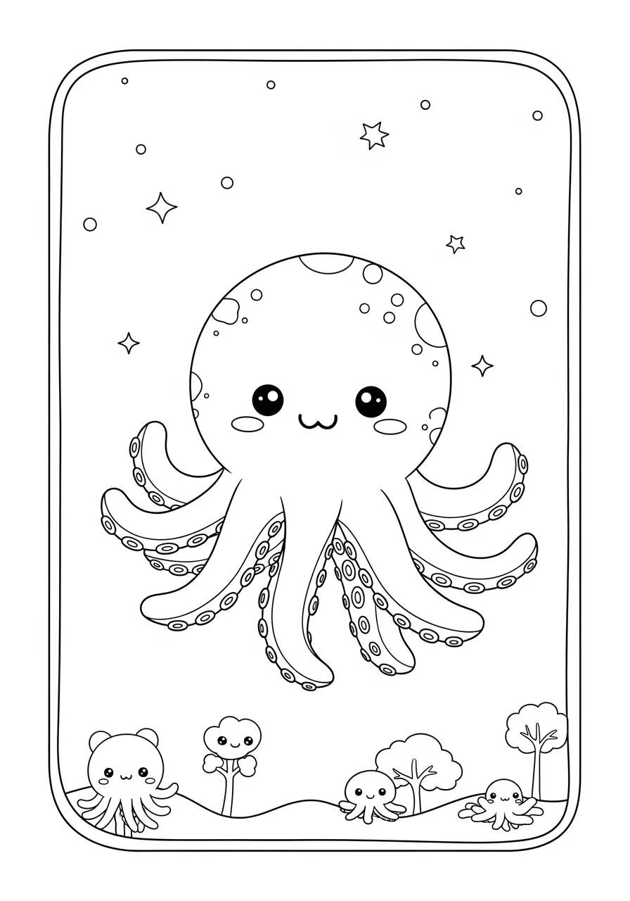 Dibujo de Pulpo Kawaii con Estrellas para Colorear