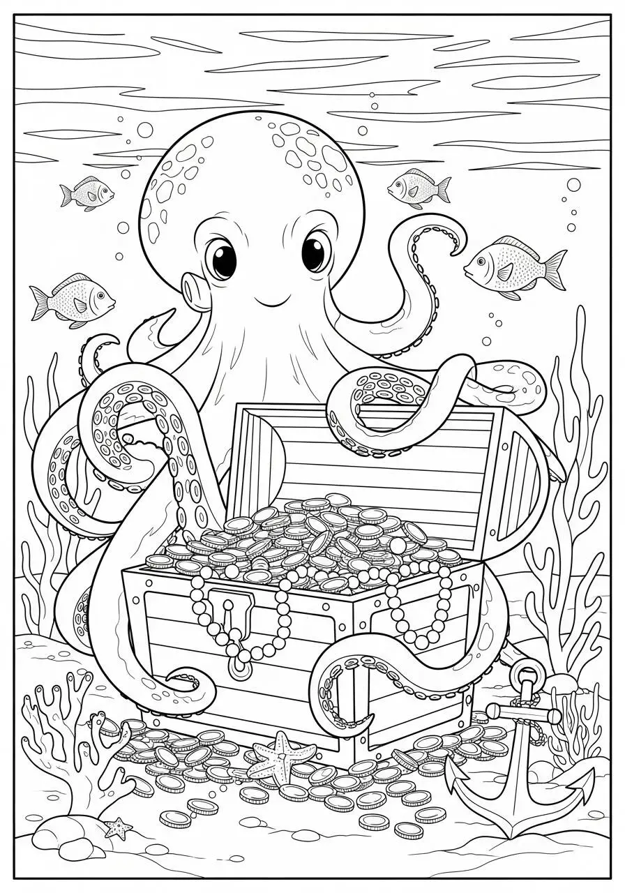 Página para colorear de pulpo con tesoro submarino