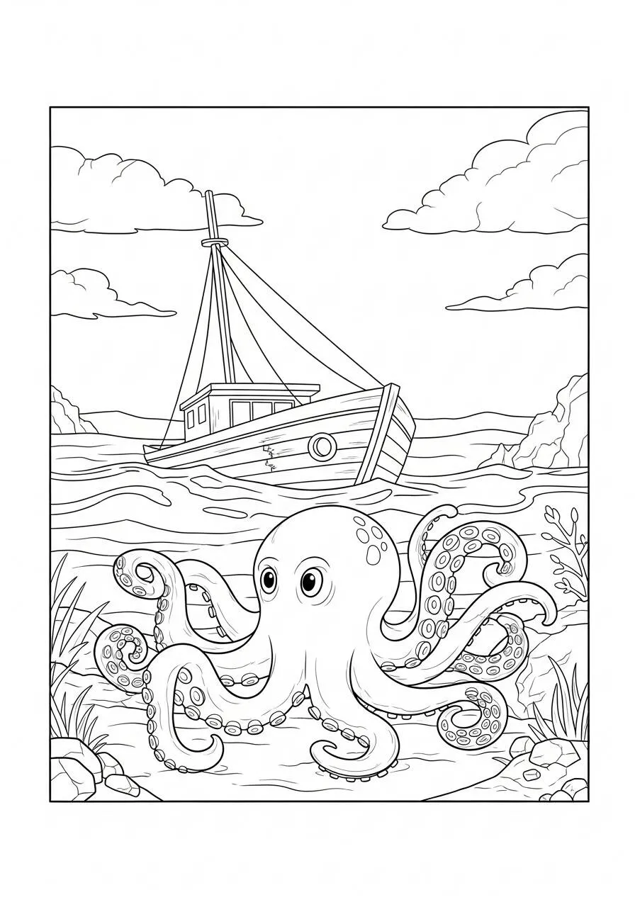 Malvorlage Oktopus, der mit einem Boot spielt