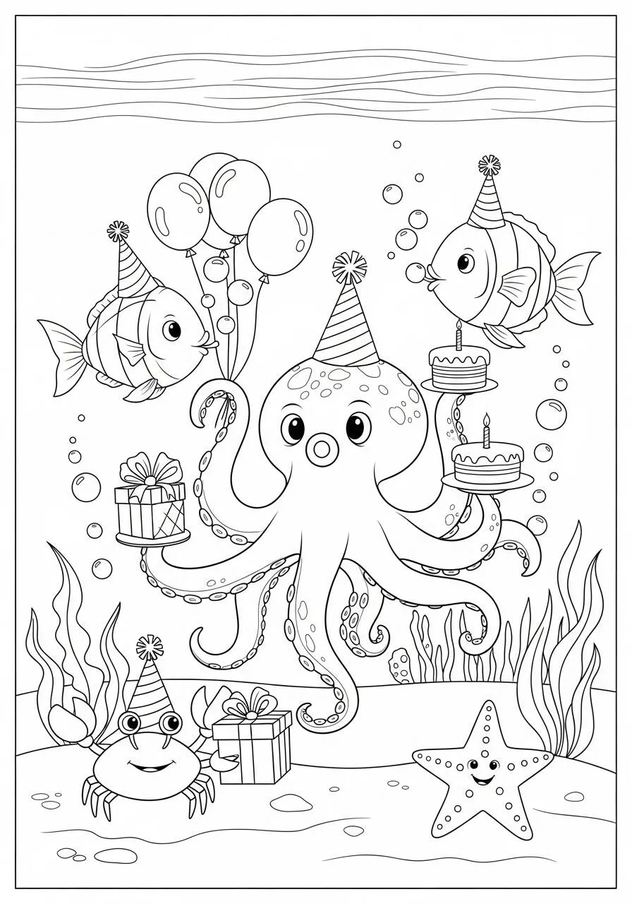 Página para colorear de pulpo festivo con pez