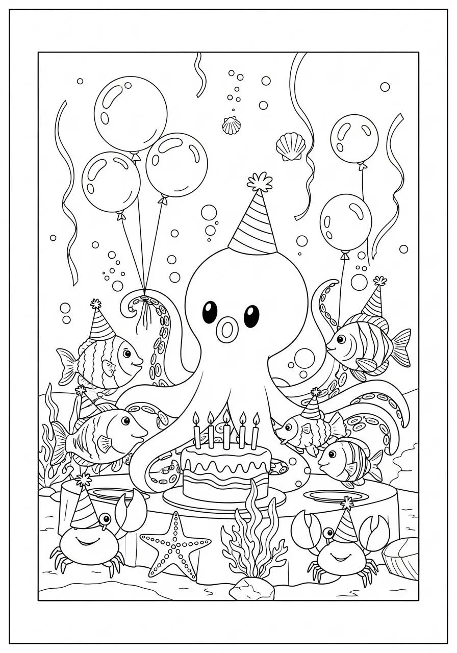 Pulpo en una fiesta de cumpleaños Página para colorear