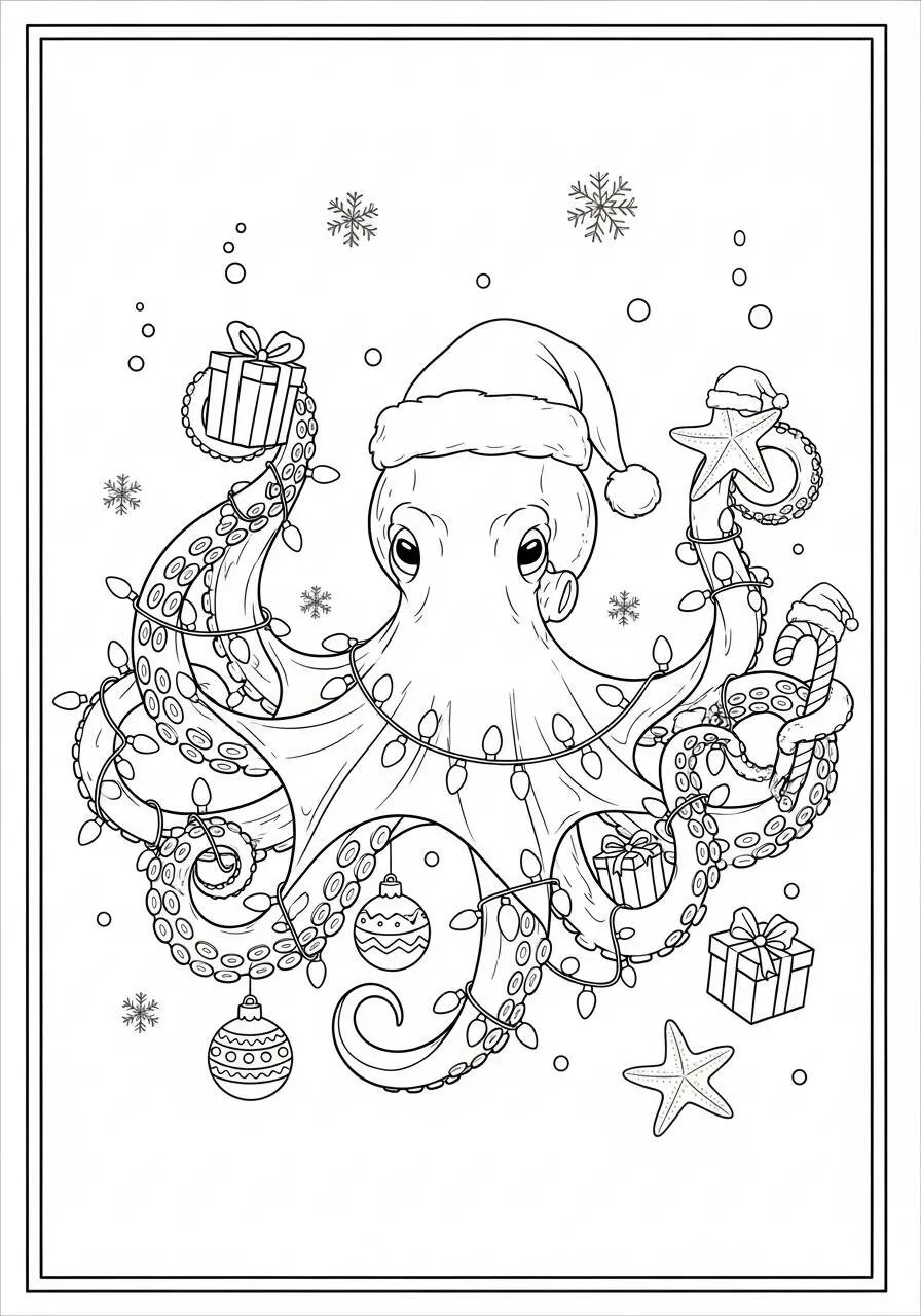 Dibujo de Pulpo navideño con gorro de Papá Noel para colorear