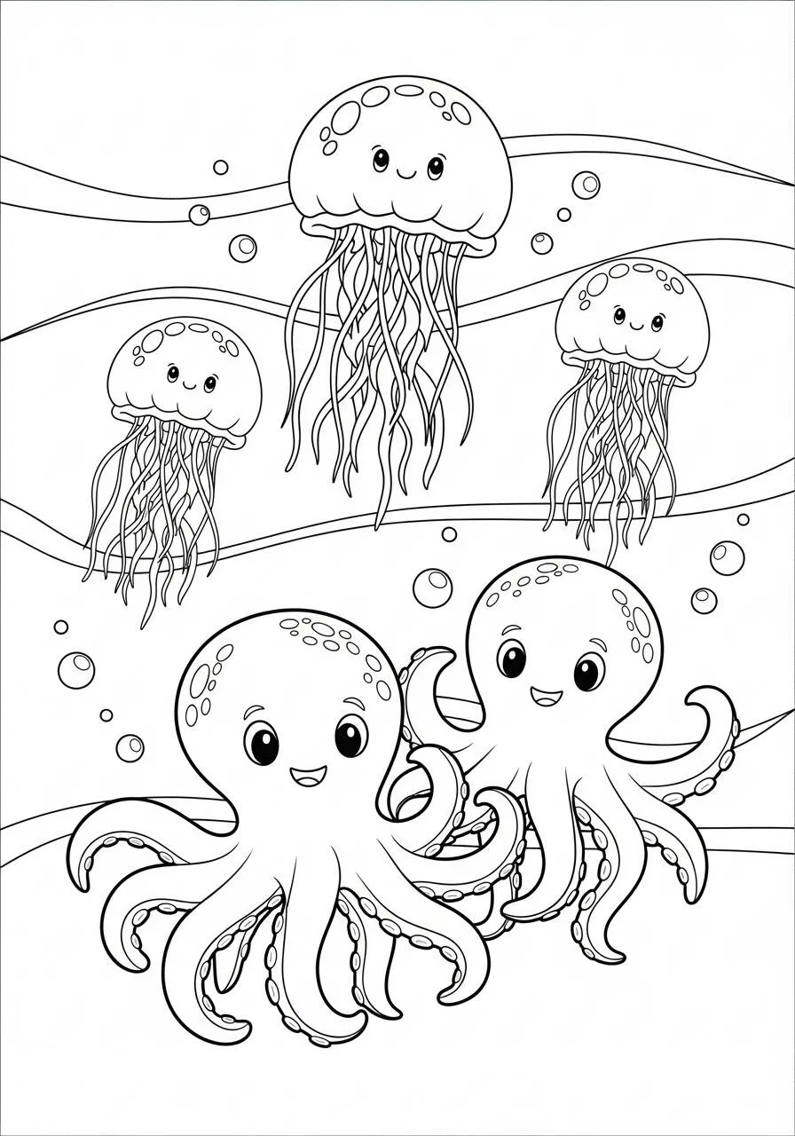 Dibujo para colorear de pulpo y medusa