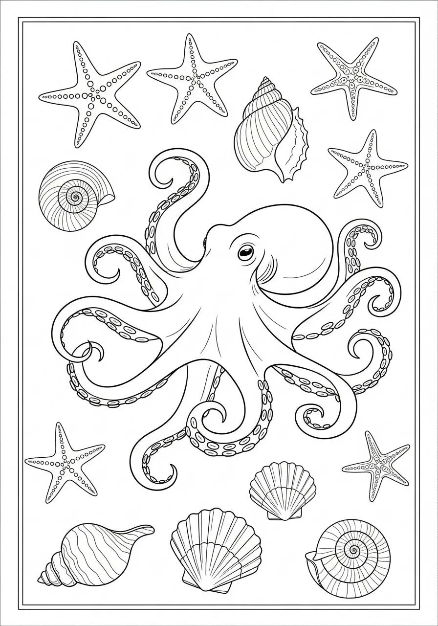 Dibujo de Pulpo con Estrella de Mar y Conchas para Colorear