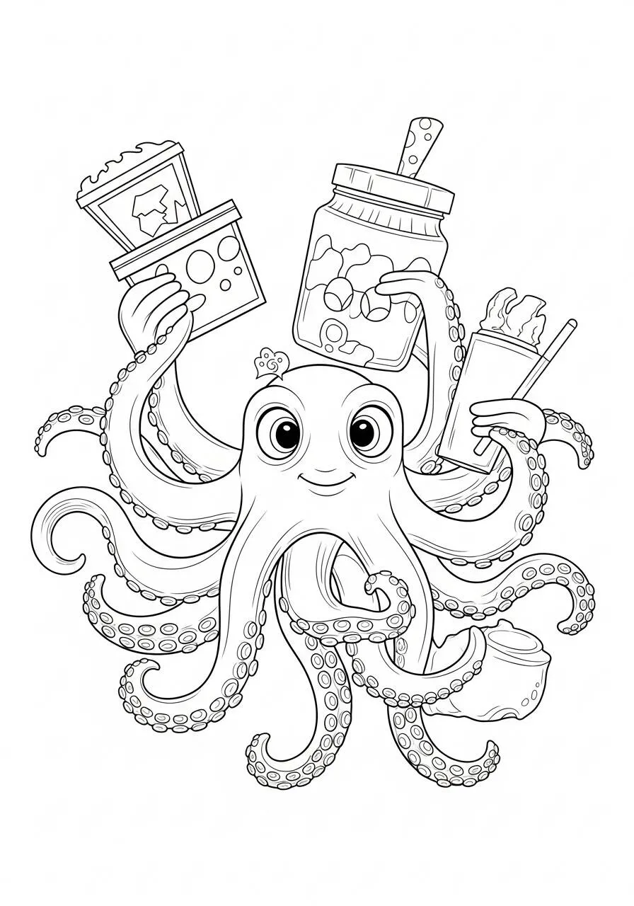 Dibujo para colorear de pulpo divertido con snacks