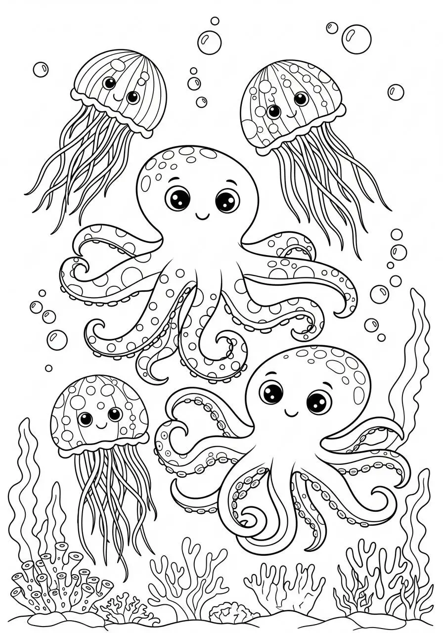 Desenho de Polvo Fofo com Água vivas para Colorir