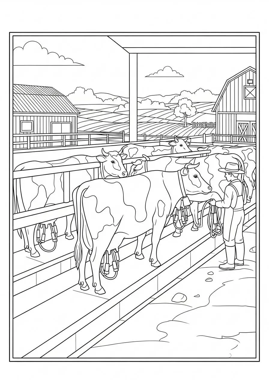 Coloriage vache dans le corral avec fermier