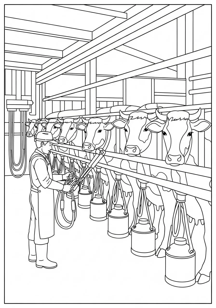 Coloriage de vache étant traite avec un fermier