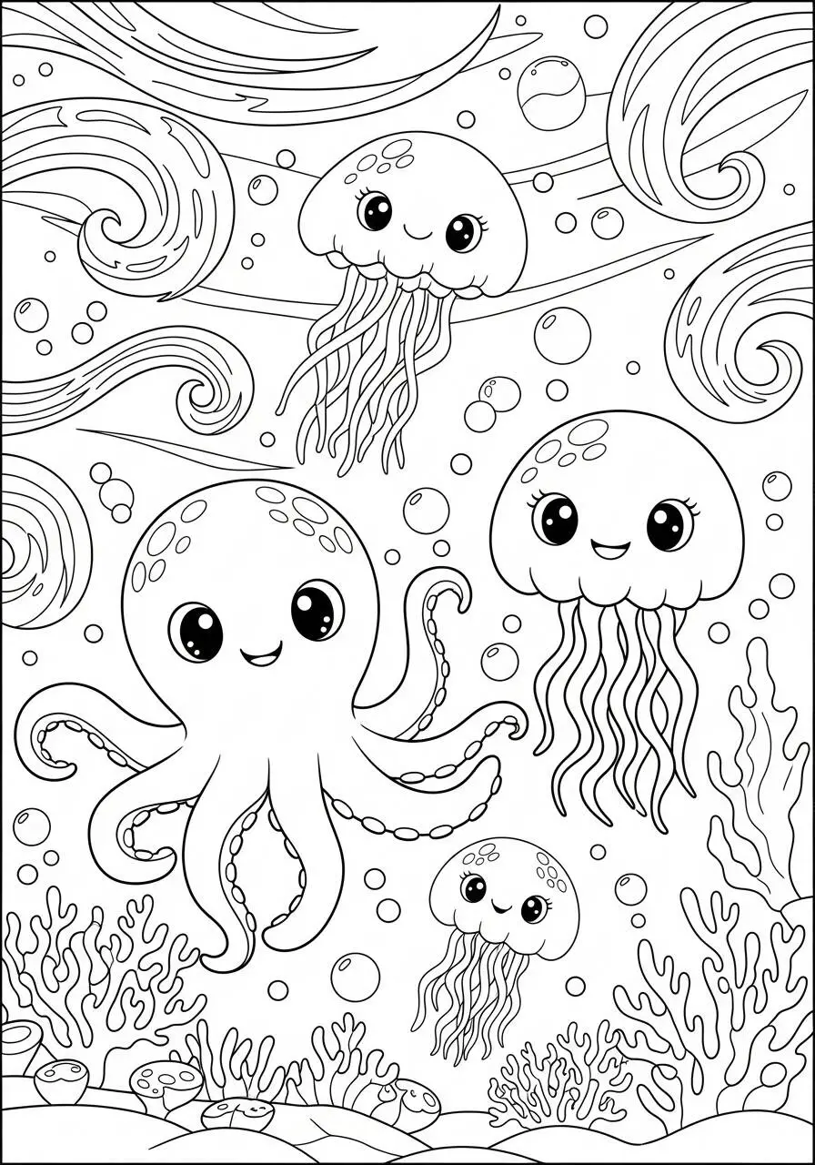Desenho de Polvo Kawaii com Medusas para Colorir