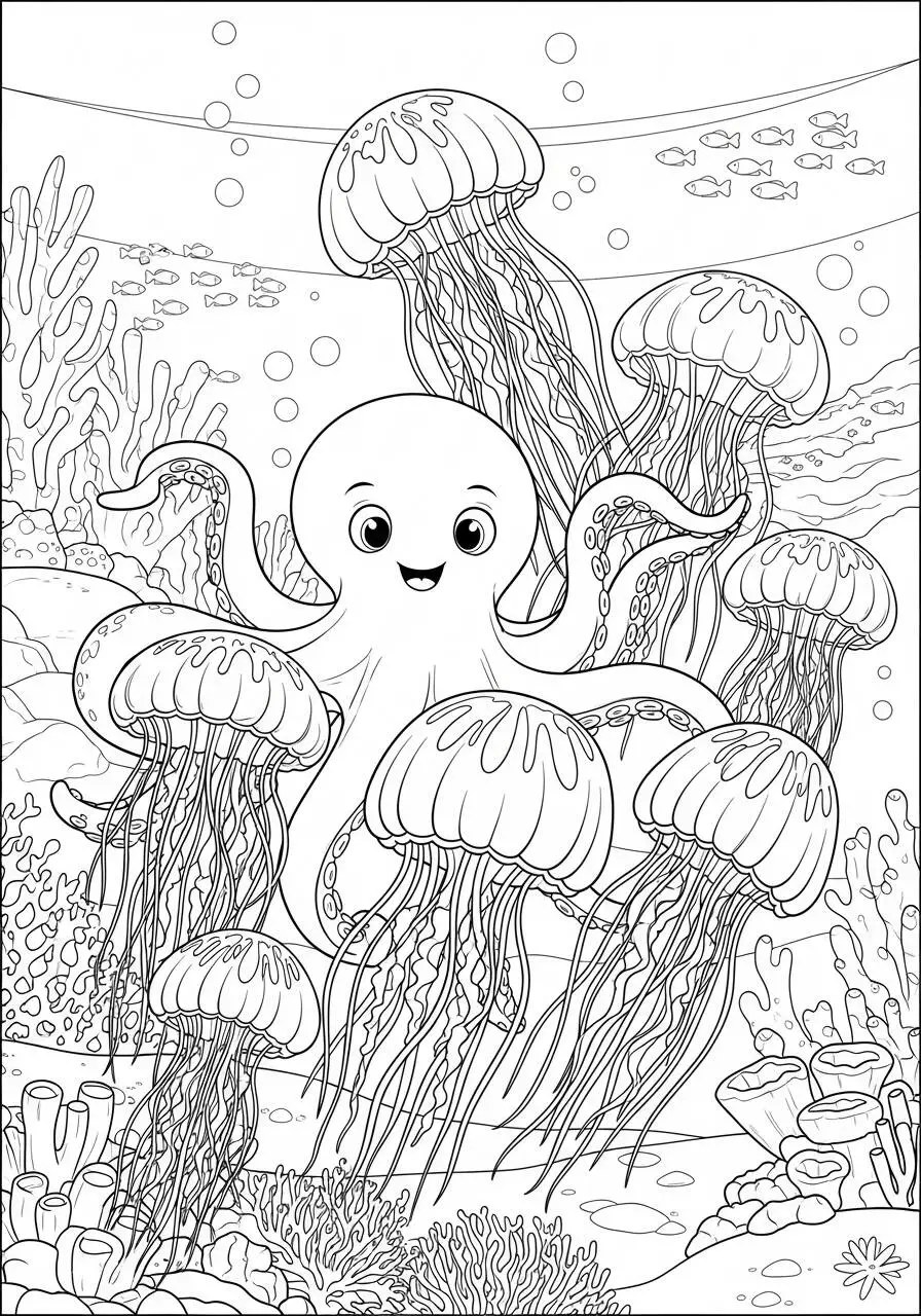 Desenho de Polvo Brincando com Água vivas para Colorir