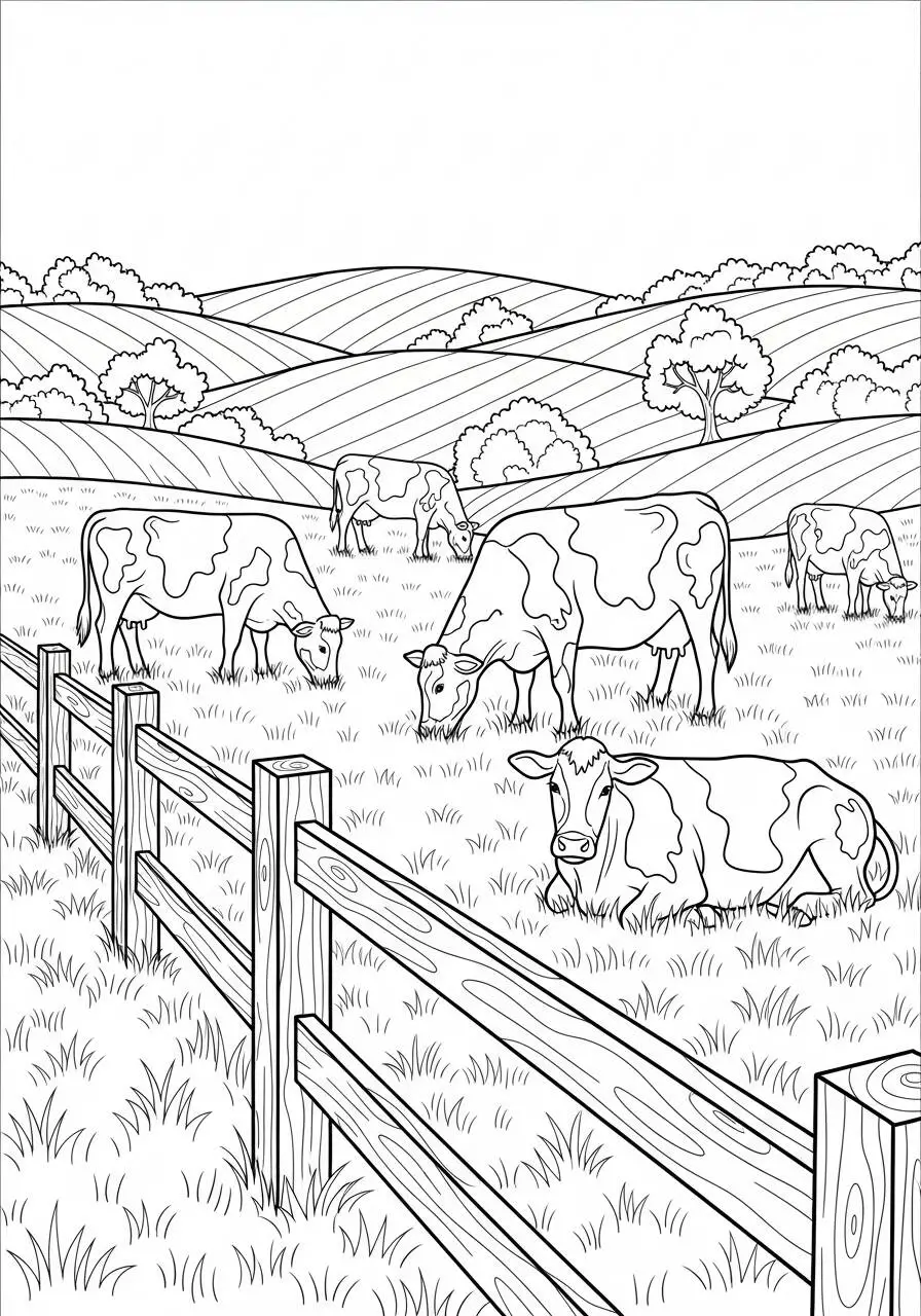 Coloriage Vache paysanne dans un champ vert