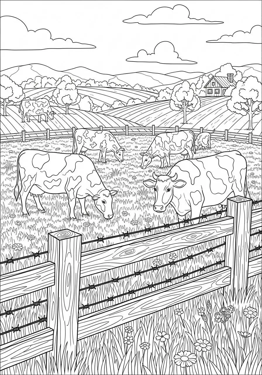 Coloriage Vache paysanne dans un champ vert