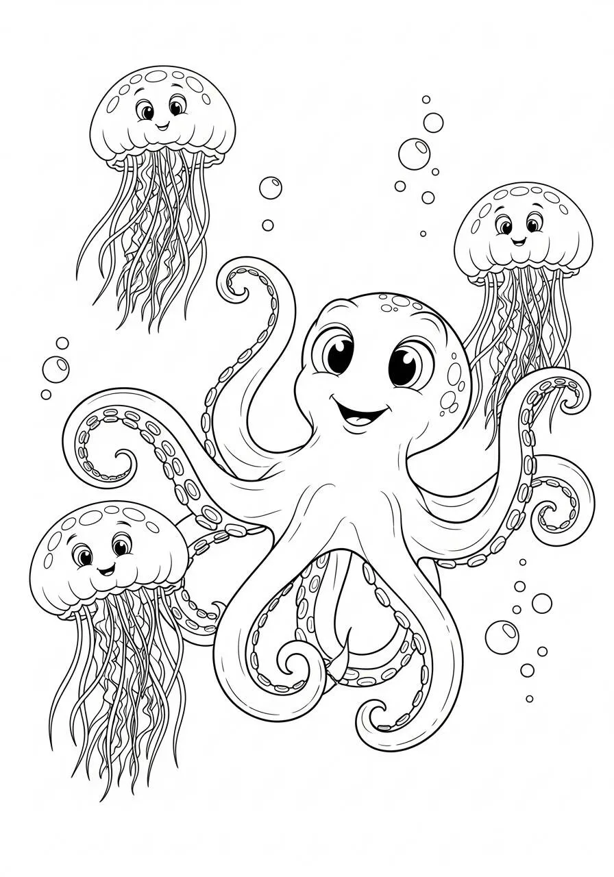 Desenho de Polvo Brincando com Água Vivas para Colorir