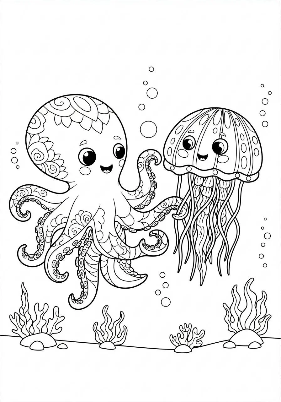 Desenho de Polvo Amigável com Água viva para Colorir