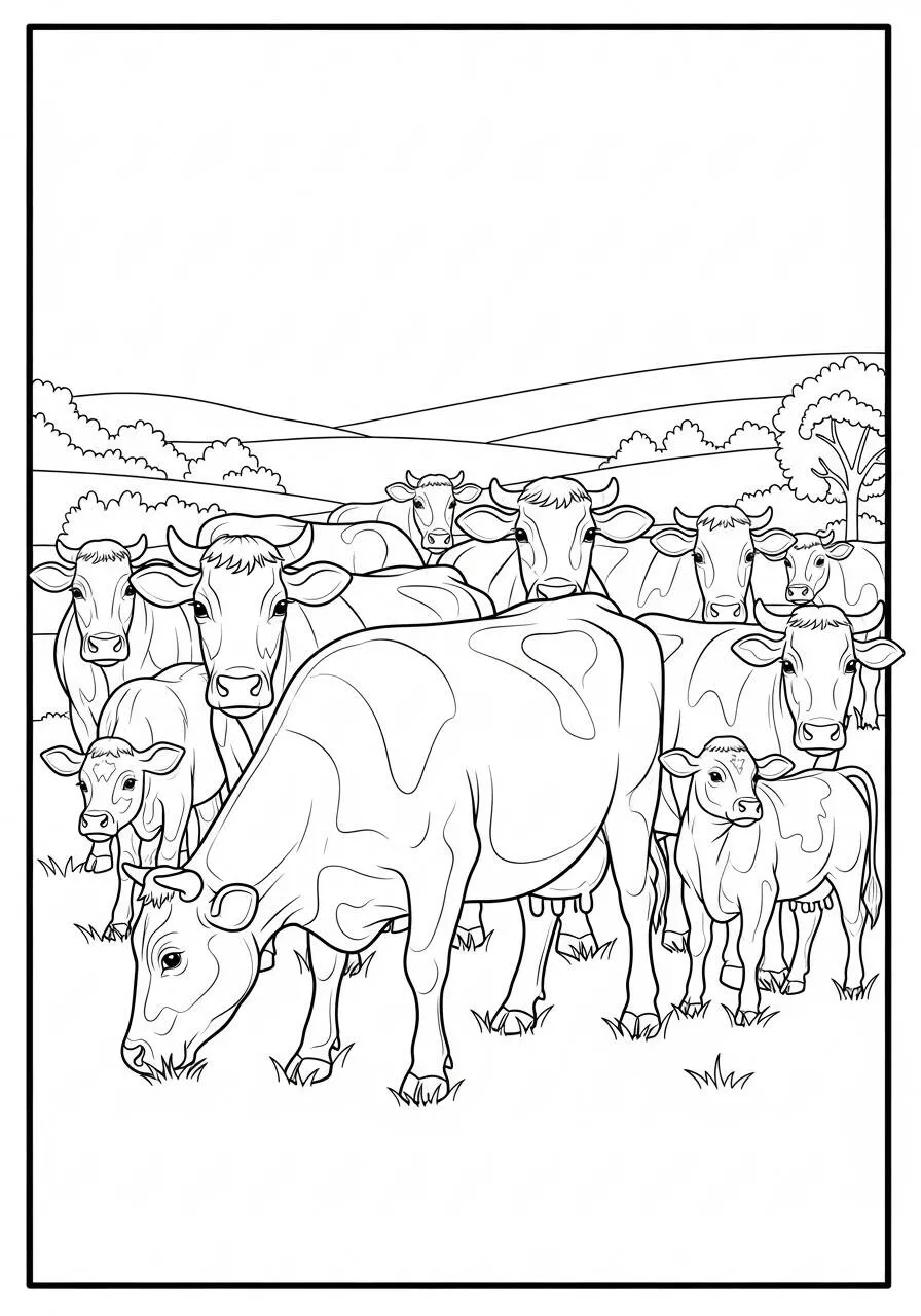 Coloriage Vache avec des veaux dans un pâturage