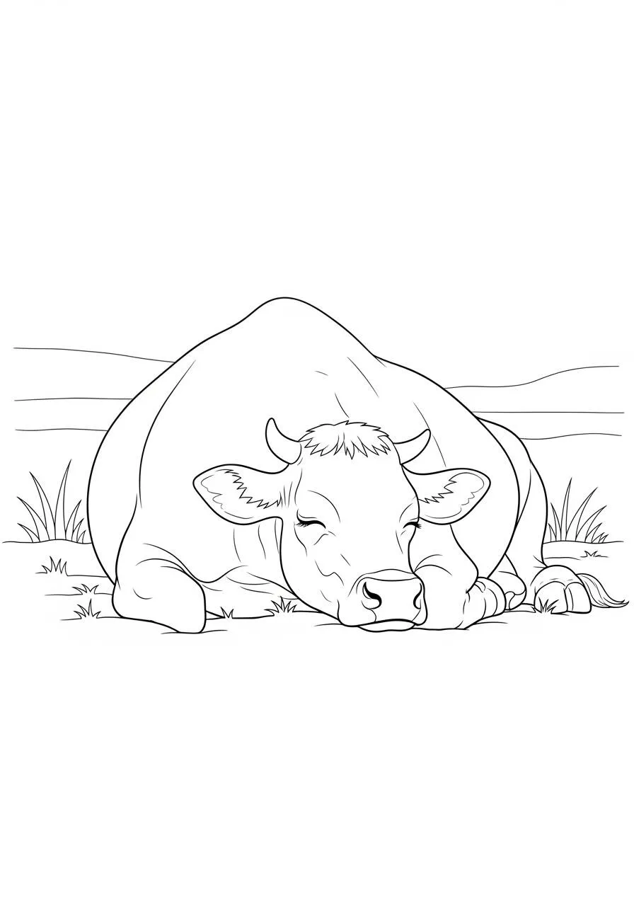 Coloriage Vache dormant dans le pâturage
