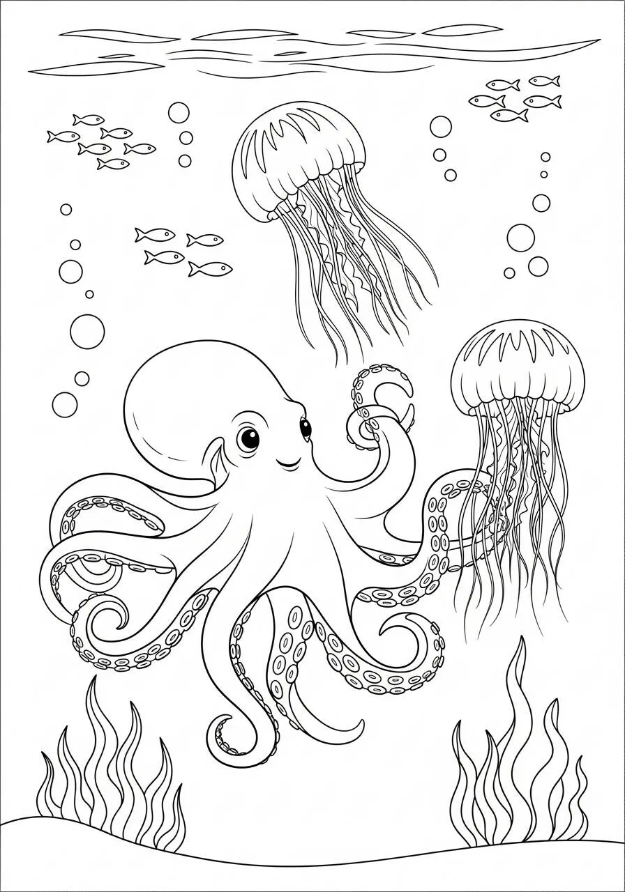 Desenho de Polvo Brincando com Medusas para Colorir