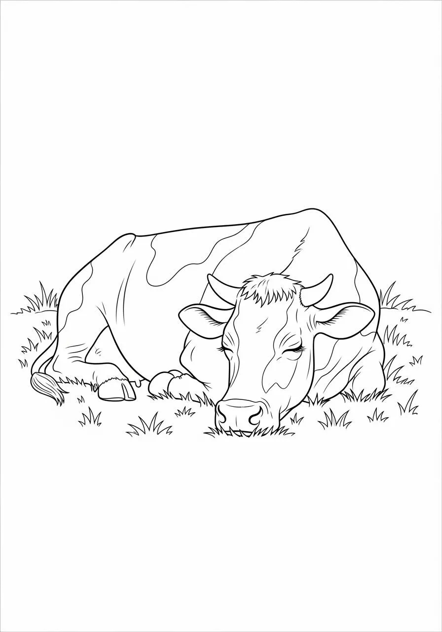 Coloriage Vache dormant dans le pâturage