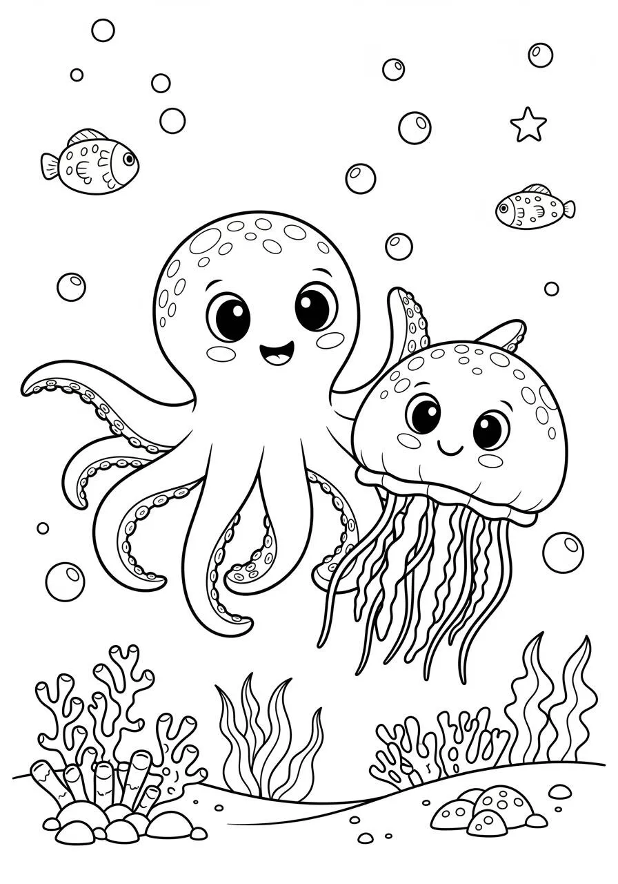 Desenho de Polvo Amigável com Água viva para Colorir