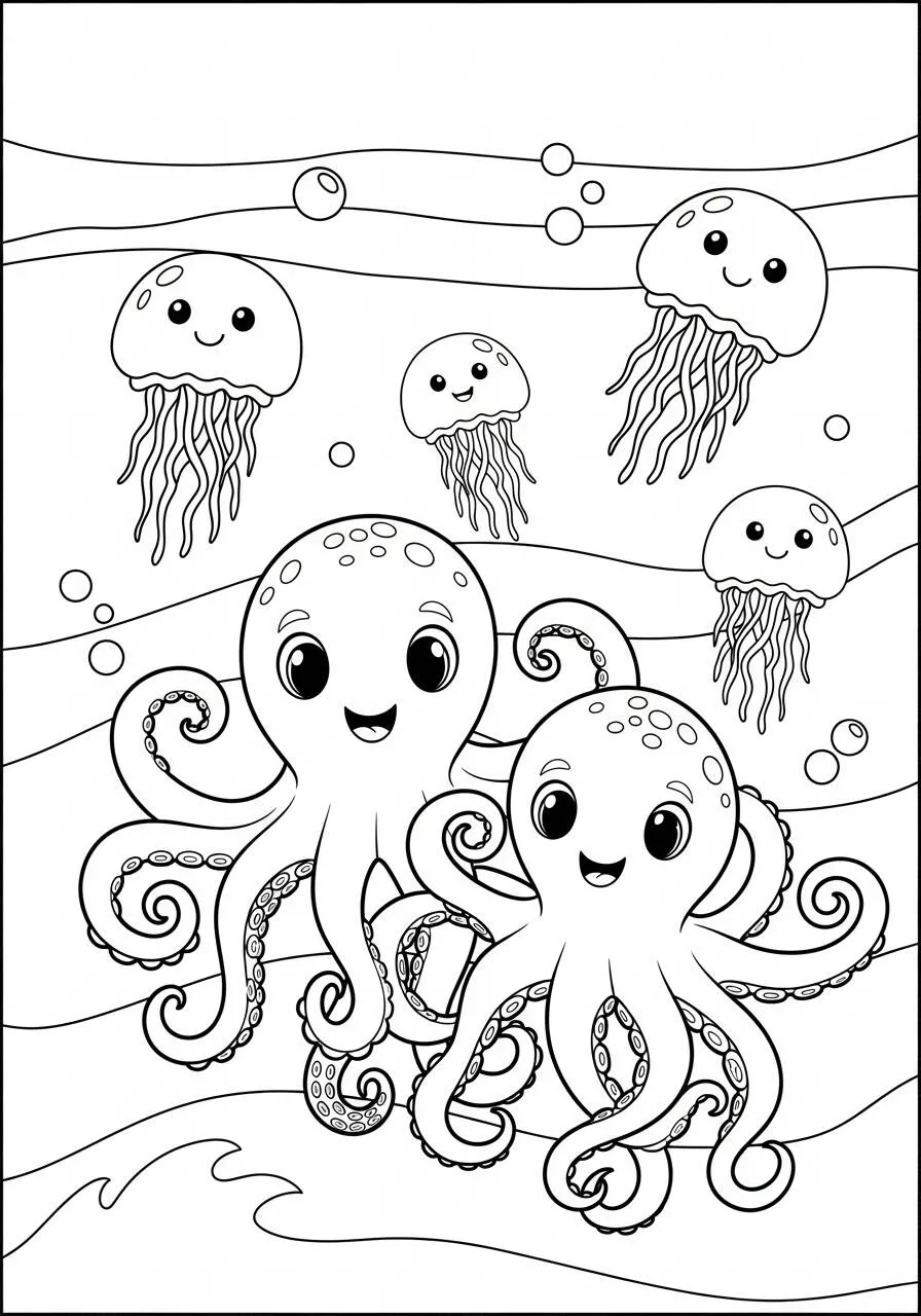 Desenho de Polvo Fofo com Medusas para Colorir
